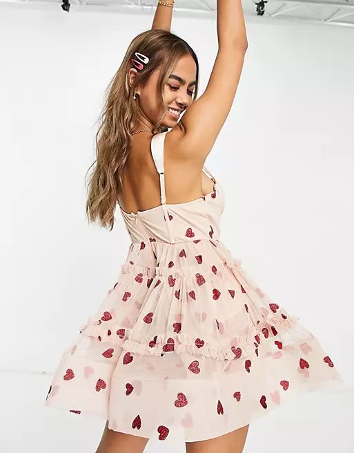 Lace & Beads exclusive corset tiered mini dress in taupe rose heart | ASOS (Global)