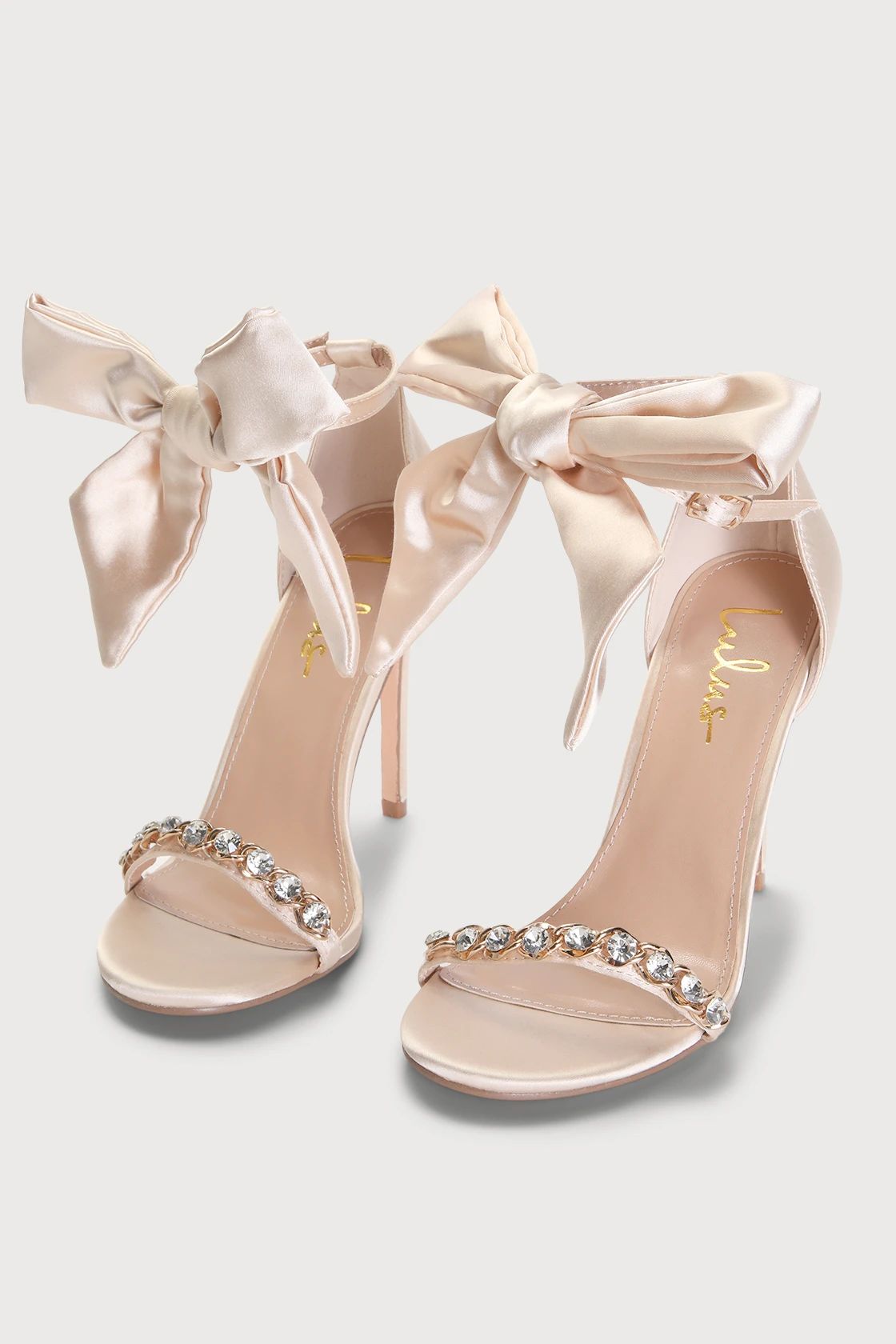 Prins Champagne Satin Bow Rhinestone High Heel Sandals | Lulus (US)