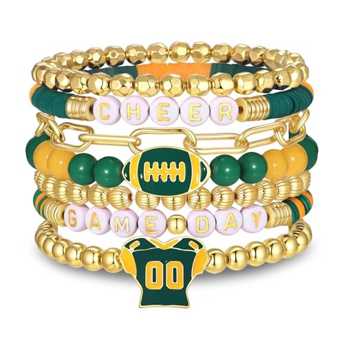 FAERLIIRY Game Day Bracelets Cheer Football Bracelets for Women Stackable Team Inspirational Bracelet Football MOM Game Day Outfits Accessories Jewelry Gifts (Green Yellow) | Amazon (US)