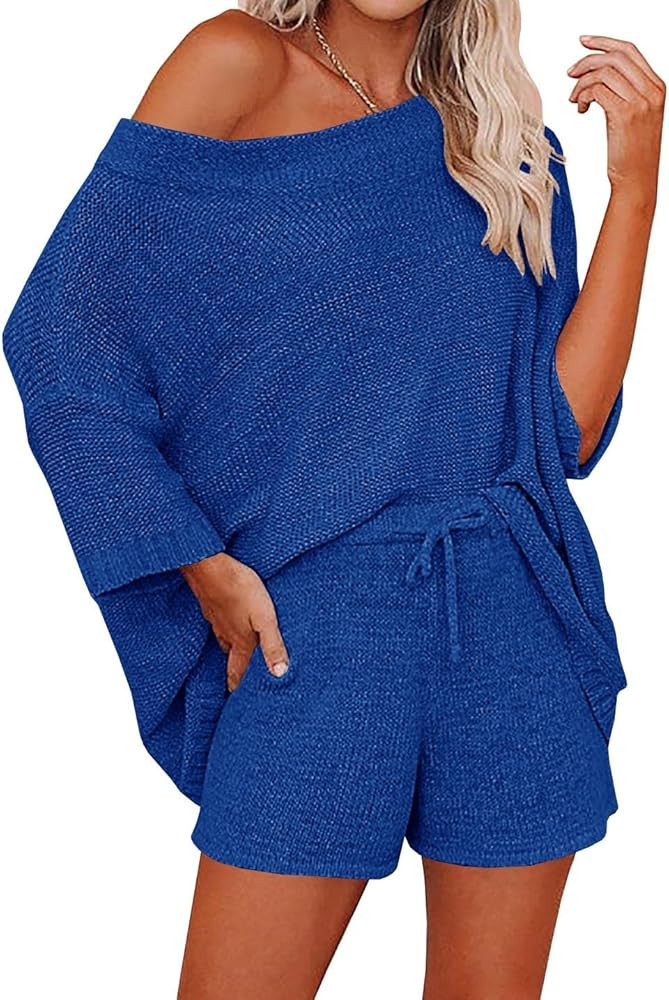 Ermonn Womens 2 Piece Outfits Sweater Sets Off Shoulder Knit Tops Waist Short Suits Casual Pajama... | Amazon (US)