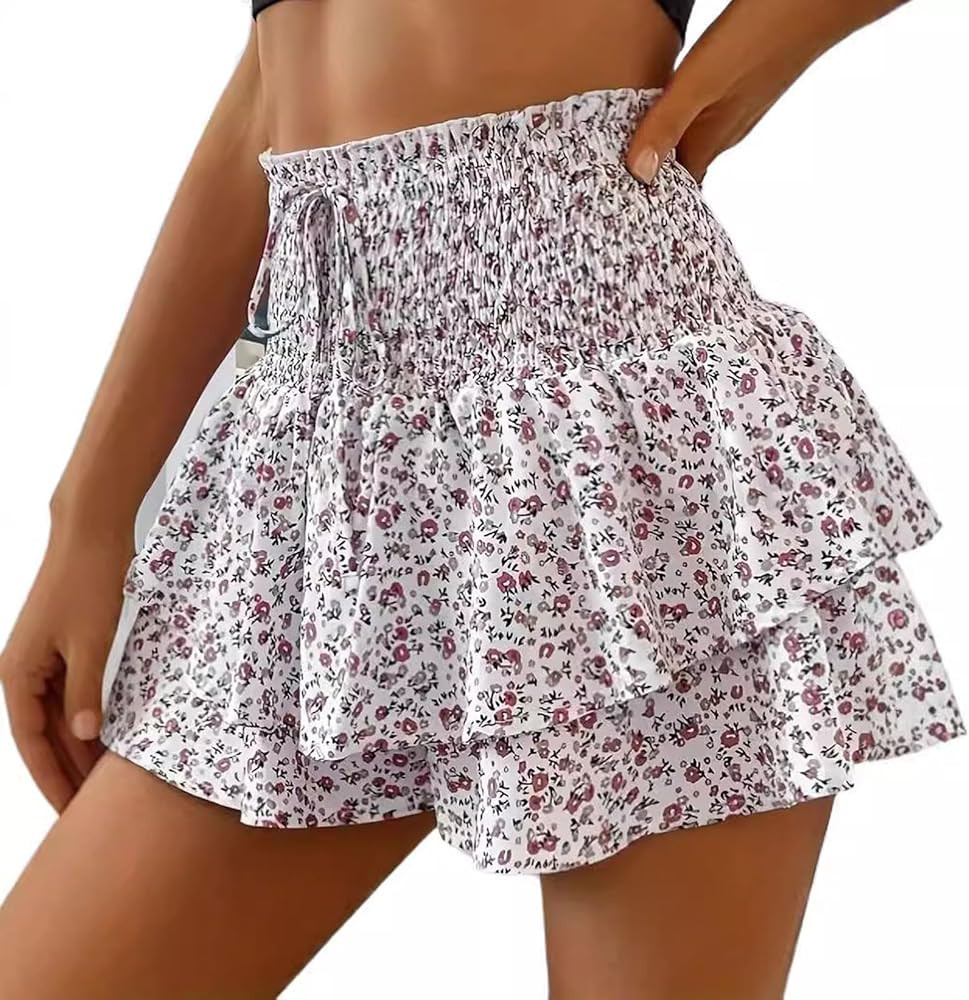 utcoco Women's Summer Floral Printed Shorts Elegant Smocked Tie High Rise Tiered Ruffle A Line Sk... | Amazon (US)