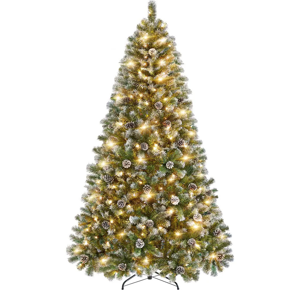 Yaheetech 7.5FT Green Frosted Artificial Christmas Tree with Pinecones Warm White Lights and Stand | LSU0TR0001 | Lowe's
