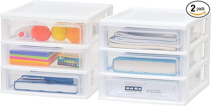 IRIS USA Medium 3-Drawer Desktop Organizer with Open Tray Top, 2 Pack, Plastic Drawer Storage Con... | Amazon (US)