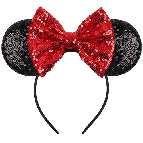 Eisyaa Mouse Ears Bow Headbands, Sequin Minnie Ears Headband Glitter Party Princess Decoration (Black-Red) | Amazon (US)