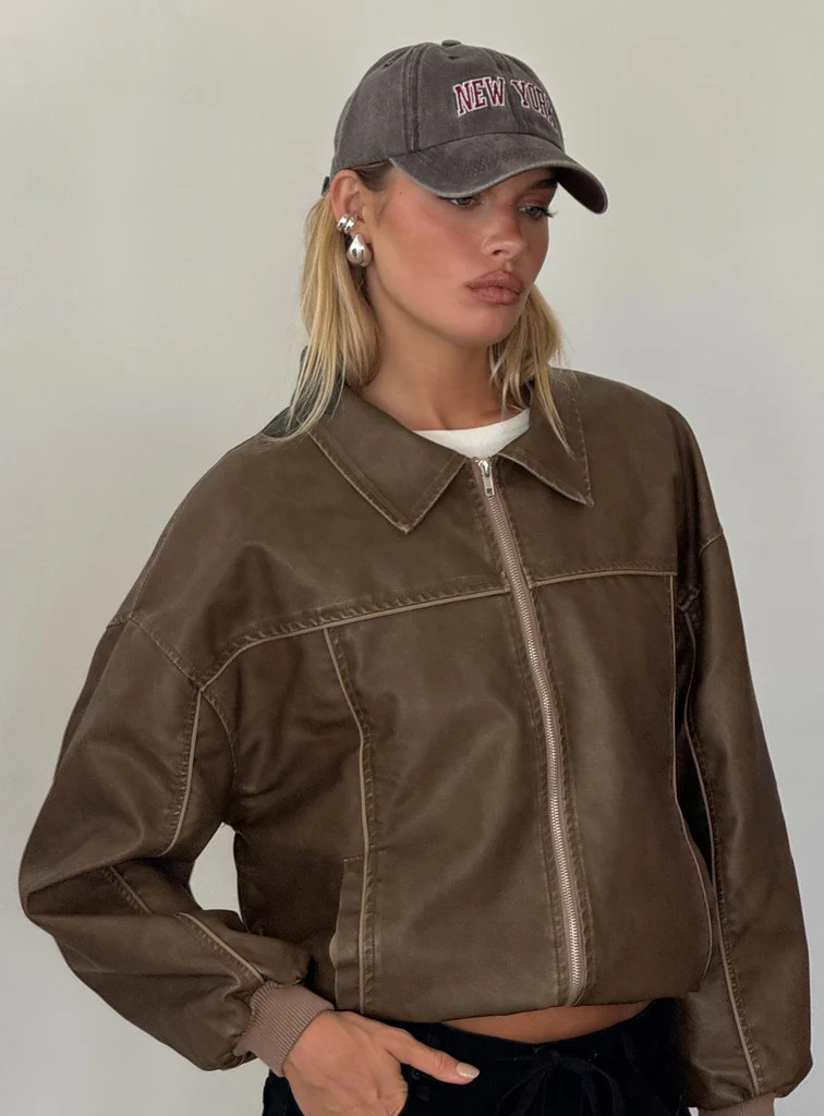 Goldsmith Faux Leather Bomber Jacket Washed Dark Brown | Princess Polly US