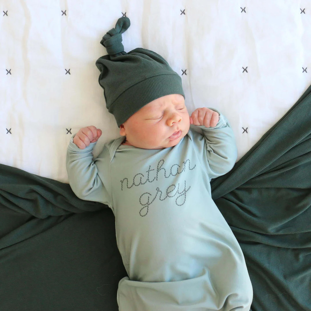 Personalized Stitched Newborn Baby Knot Gown | Forest Greens | Caden Lane