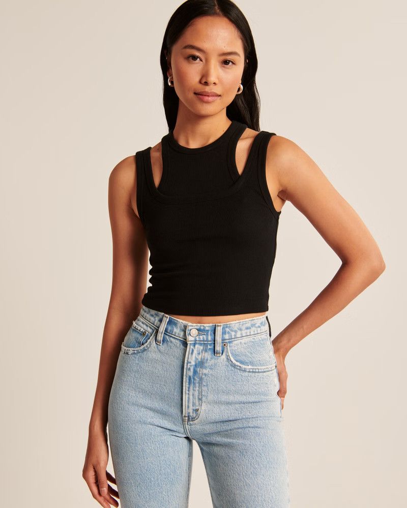 Women's Essential Cutout Tank, Abercrombie, AF, Tank Top, Ribbed Top, Basics, Black Top, Cutout Top | Abercrombie & Fitch (US)