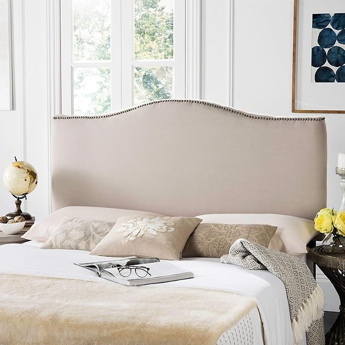 Safavieh Jeneve Taupe Linen Upholstered Camelback Headboard - Brass Nailhead (Queen) | Amazon (US)
