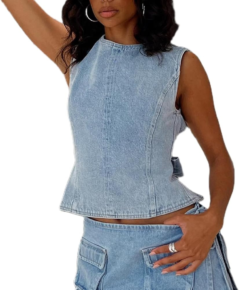 Women Y2k Halter Denim Top Backless Tie Back Slim Fit Jean Vest Sexy Vintage Summer Going Out Tan... | Amazon (US)