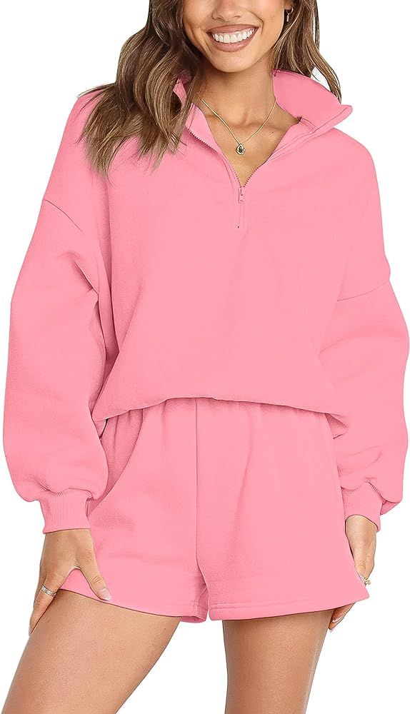 MEROKEETY Women's 2023 Fall Oversized 2 Piece Lounge Sets Long Sleeve Zipper Shorts Sweatsuit Out... | Amazon (US)