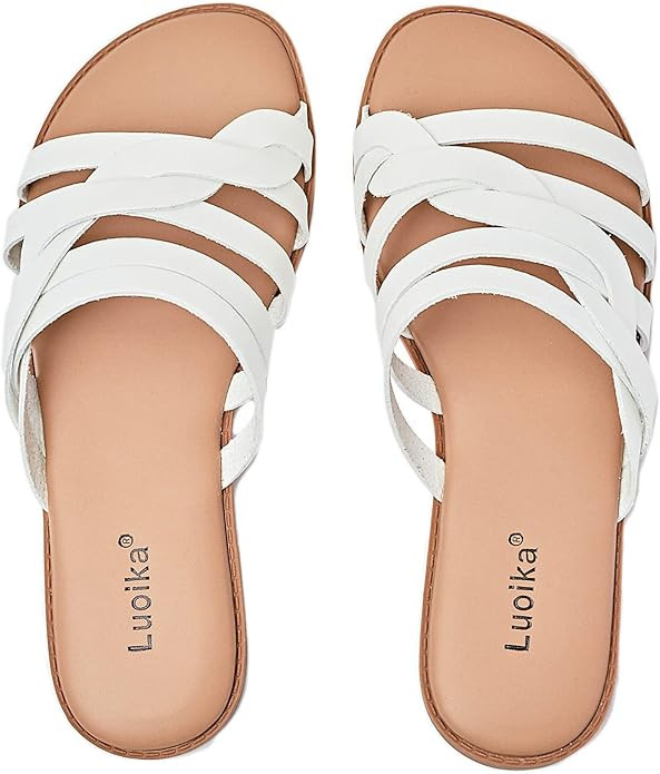 Luoika Women's Wide Width Flat Slides Sandals, Casual Comfortable Strap Sandal Summer Beach Dress... | Amazon (US)