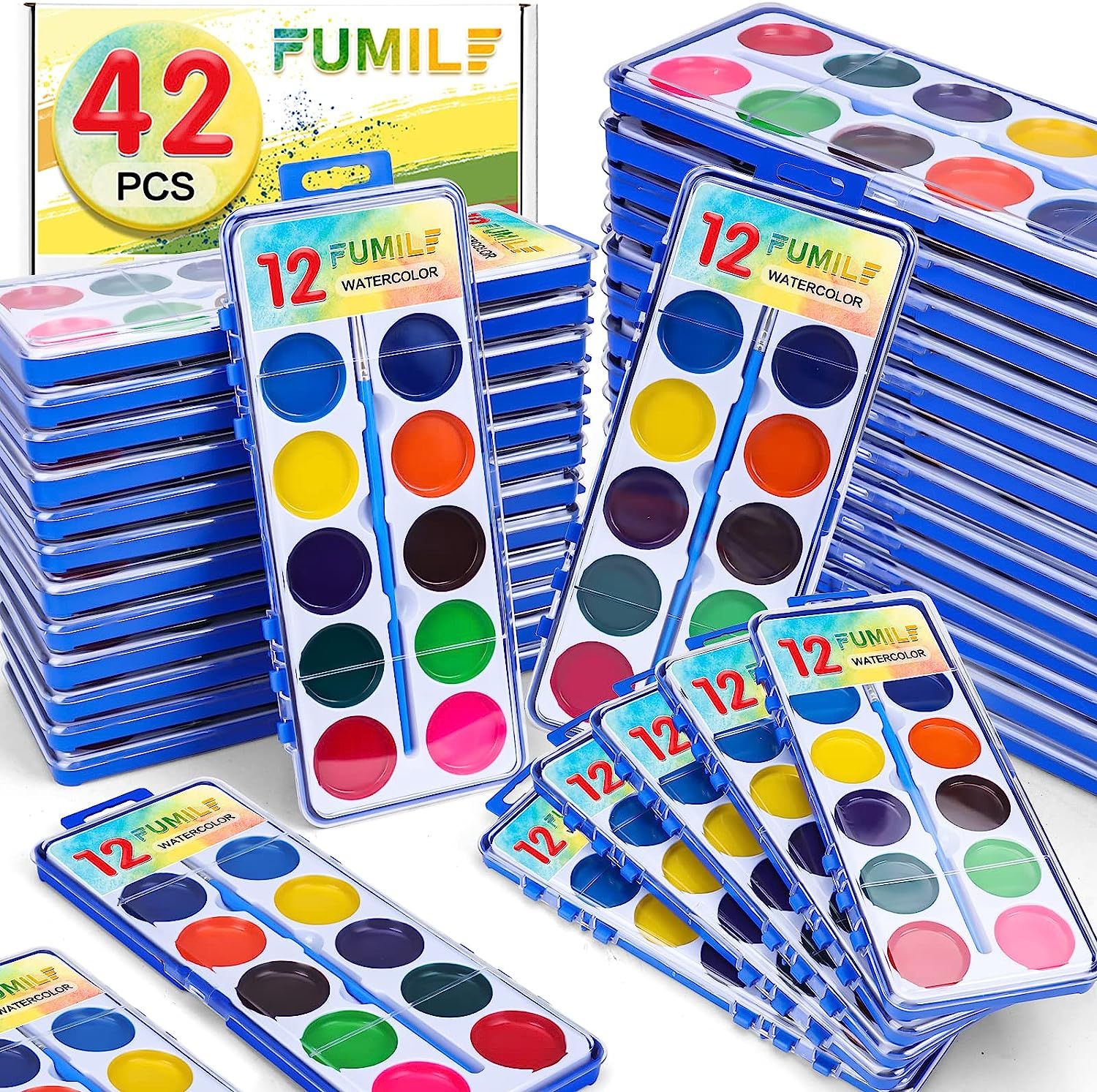 42 Pack Watercolor Paint Set for Kids,12 Colors Bulk Pack of 42 Watercolors Paints with Paint Bru... | Amazon (US)