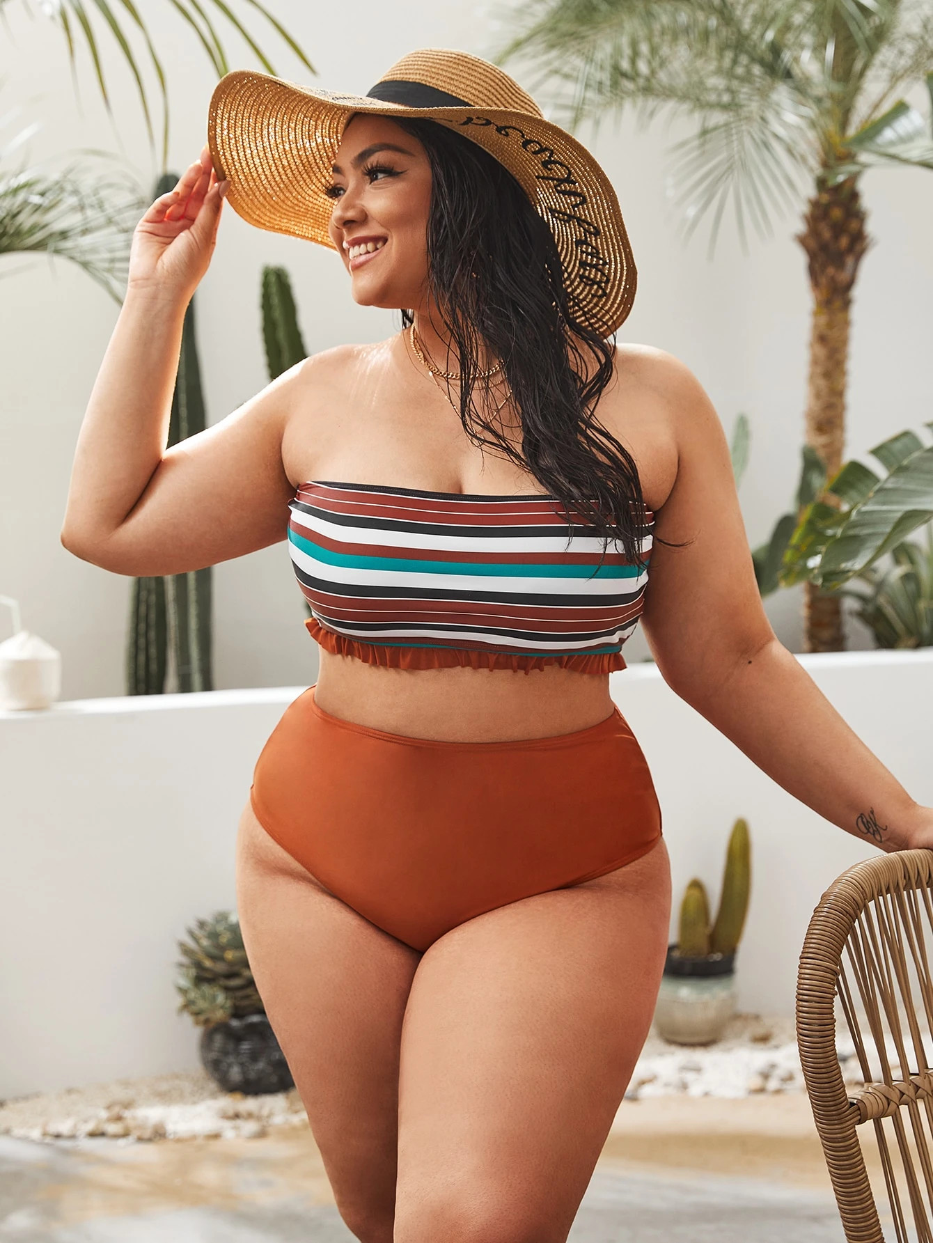 Plus Striped Frill Bandeau Bikini Swimsuit | SHEIN