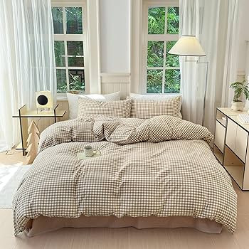 Duvet Cover King 3 Pieces 100% Washed Cotton Tan Beige Plaid Gingham Checkered Grid | Amazon (US)