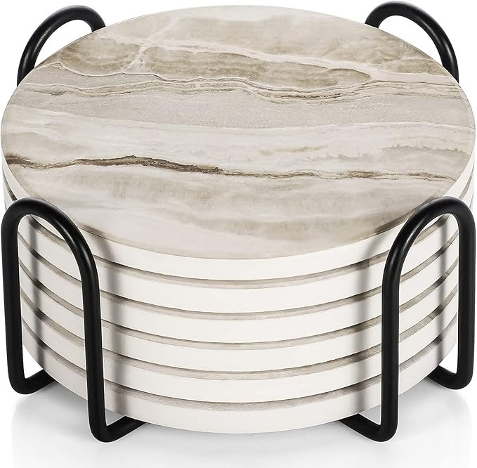 LIFVER Coasters Set of 6, Coasters for Drinks Absorbent Stone with Holder, Black Marble Style Cer... | Amazon (US)