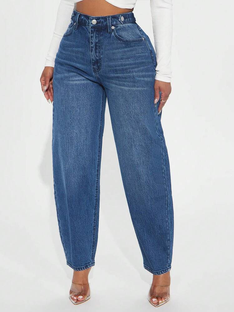 Women's High Waist Loose Fit Barrel Leg Jeans, Button Fly With Side Pockets, Relaxed Silhouette, Casual Minimalist Style, Suitable For Daily Wear, Ca | SHEIN