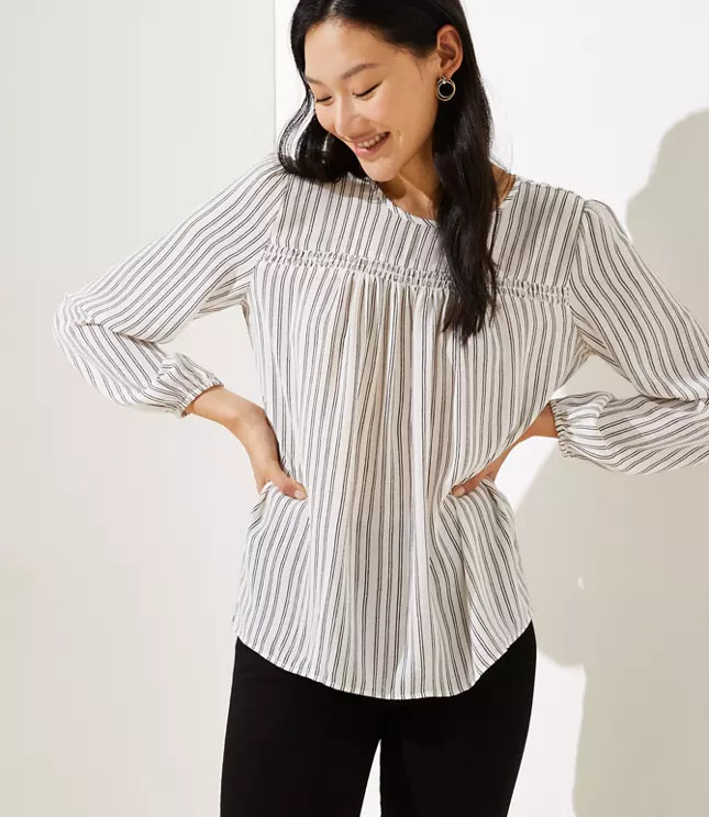 Striped Smocked Mixed Media Blouse | LOFT | LOFT