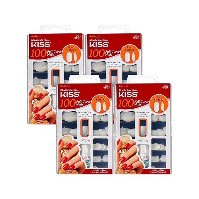 Kiss Products 100 Full Cover Nails, Short Square (4 PACK) | Amazon (US)