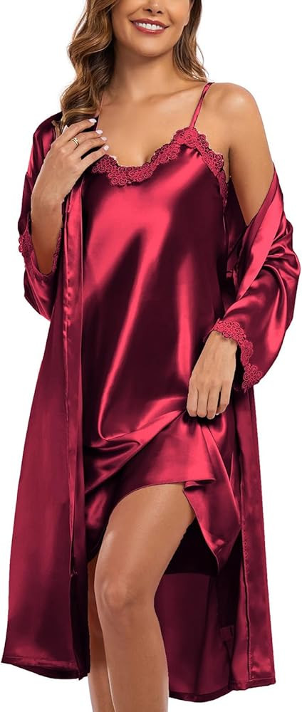 BestWendding Women's Silk Robe Set 2 Pieces Pajamas Sets Sexy Soft Satin Robe with V Neck Camisol... | Amazon (US)