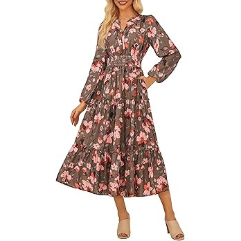 GRACE KARIN Women Floral Maxi Dress,2025 Fall Long Sleeve Casual Dresses,V Neck Boho Flowy Elegan... | Amazon (US)