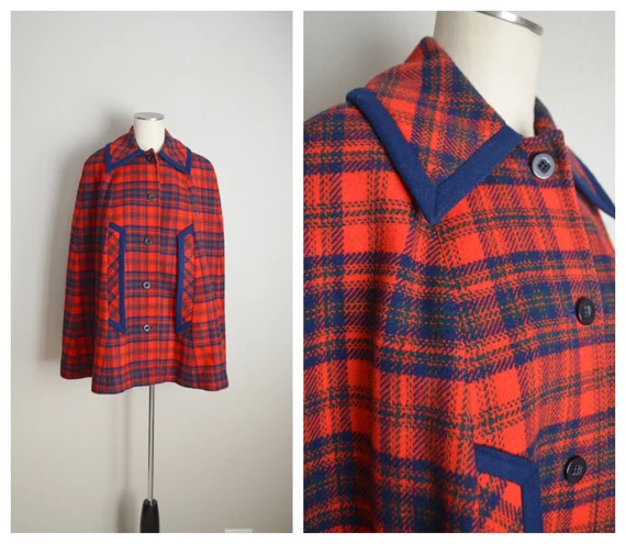 pendleton wool cape / vintage 80s pendleton red blue plaid tartan capelet wool coat jacket - wome... | Etsy (US)