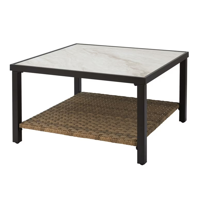 Better Homes & Gardens River Oaks Tile Top Coffee Table with All-Weather Wicker Shelf, White | Walmart (US)