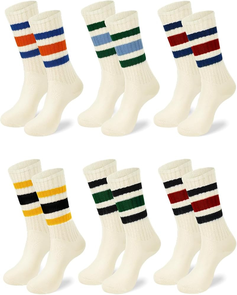 6 Pairs Fun Novelty Socks For Women Striped Retro Crew Socks Sporty Calf Socks Retro Athletic Soc... | Amazon (US)