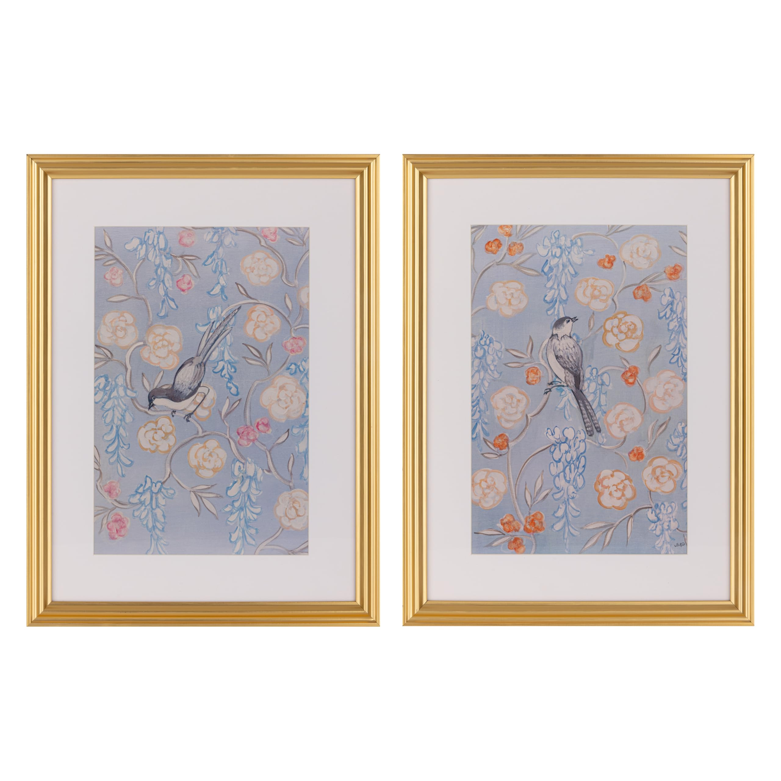 Gallery Solutions Set of 2 Framed Blue Bird Art Prints - 12x16 Matted Floral Prints with Gold Foi... | Amazon (US)