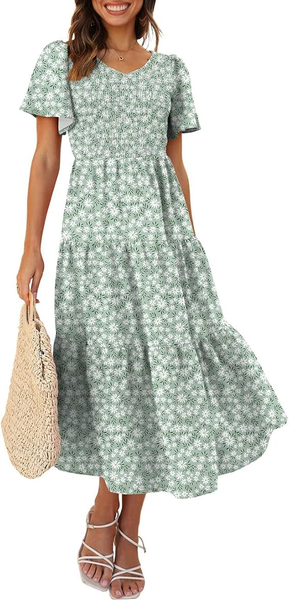 WEESO Women's 2024 Summer Casual Flutter Short Sleeve V Neck Smocked Elastic Waist Tiered Midi Dr... | Amazon (US)