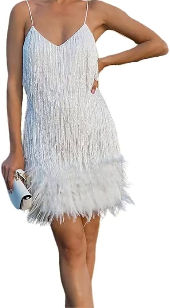 Yanfoam Womens Tassel Feather Sequin Dress and Sexy V Neck Spaghetti Strap Dress for Women | Amazon (US)
