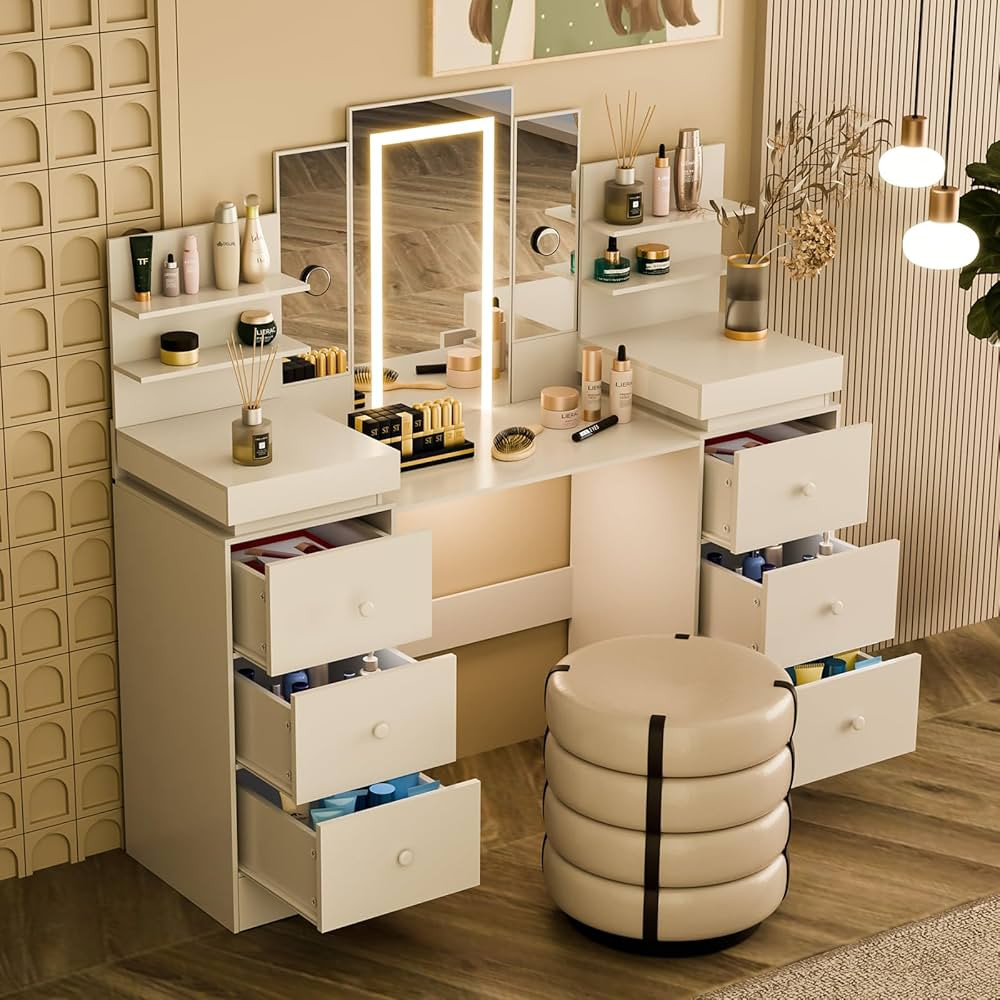Vanity Desk with Mirror and LED Lights - Makeup Vanity with Open Storage Shelvesand 8 Drawers, 3 ... | Amazon (US)