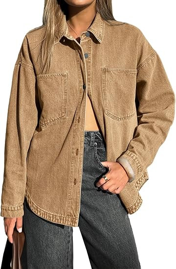 EMMIOL Women Denim Shirts Oversized Long Sleeve Button Down Blouse Distresse Jean Jacket Fall Out... | Amazon (US)