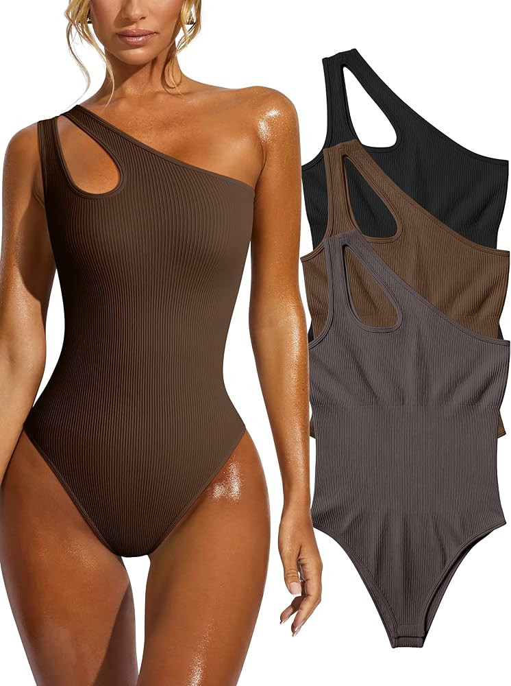 OQQ Women's 3 Piece Bodysuits Sexy Ribbed Sleeveless One Shoulder Tank Tops Exercise Bodysuits | Amazon (US)