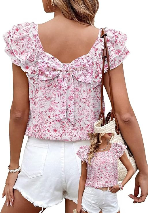 Falechay Womens Bow Tie Back Tops Round Neck Ruffle Short Sleeve Shirts Cute Babydoll Chiffon Tee... | Amazon (US)