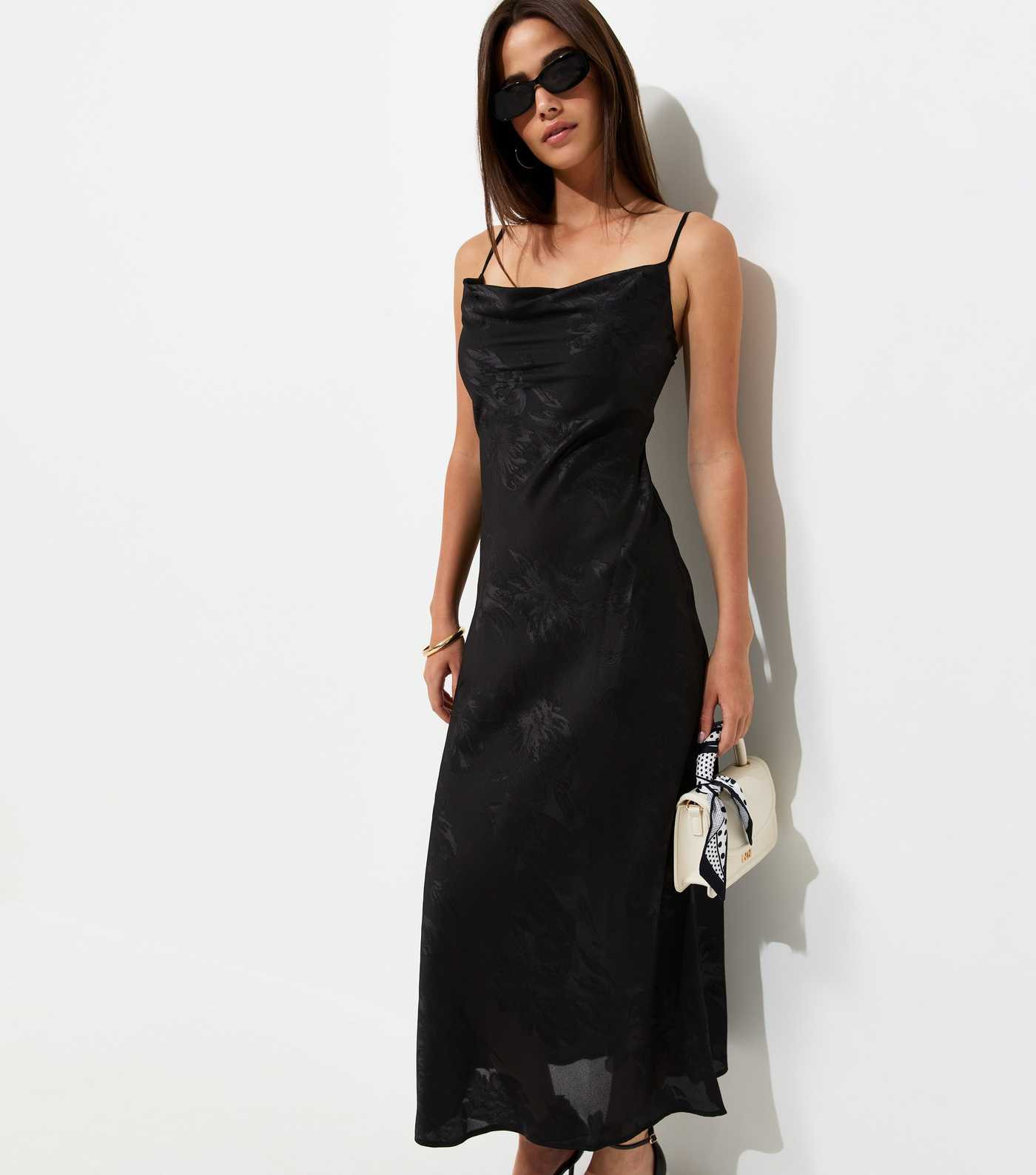 Black Floral Jacquard Cowl Neck Strappy Midi Dress | New Look | New Look (UK)