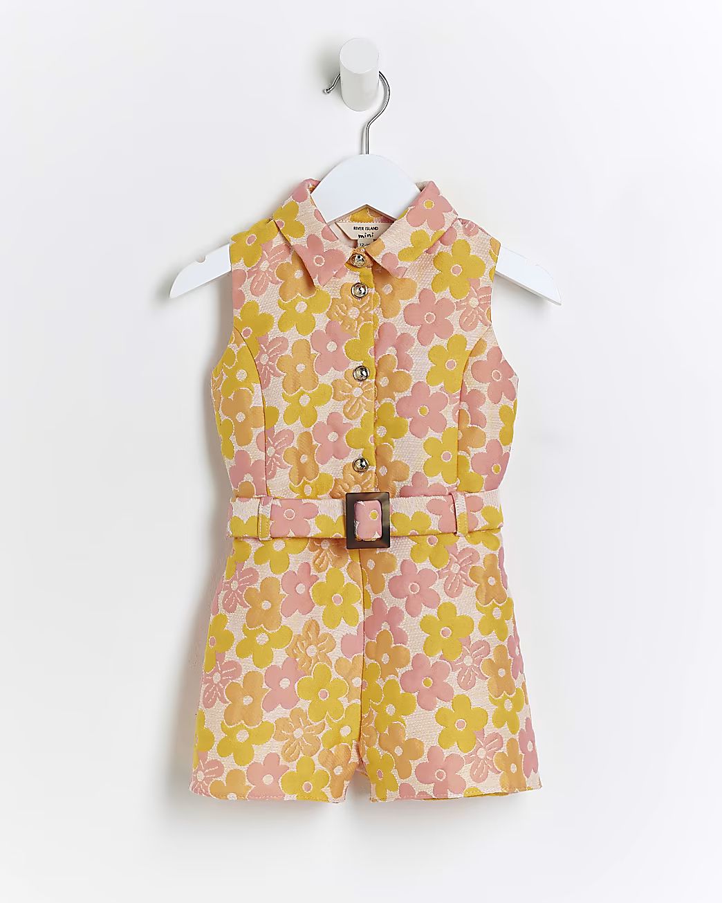Mini Girls Yellow Floral Belted Playsuit | River Island (US)