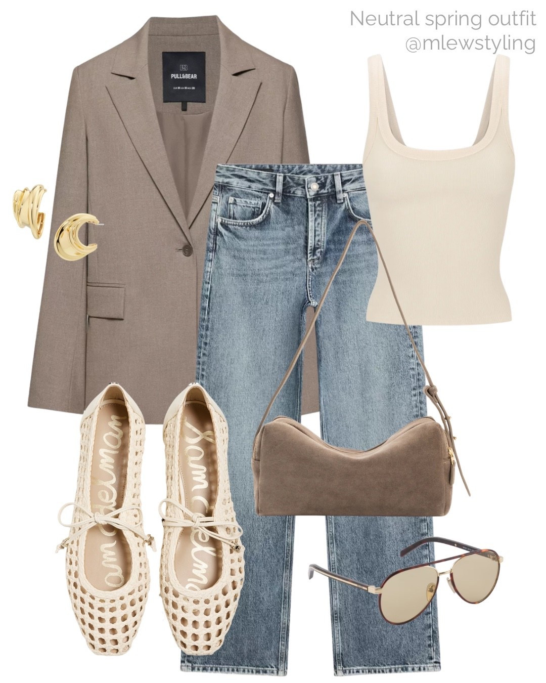 Neutral spring outfit 🌼

Tags: taupe blazer, dissh tank top, massimo dutti jeans, Sam Edelman woven ballet flats, Prada aviator sunglasses, Elleme suede bag, gold hoop earrings, neutral aesthetic, capsule wardrobe, casual workwear, elevated weekend outfit 

#LTKSeasonal #LTKWorkwear #LTKootd
