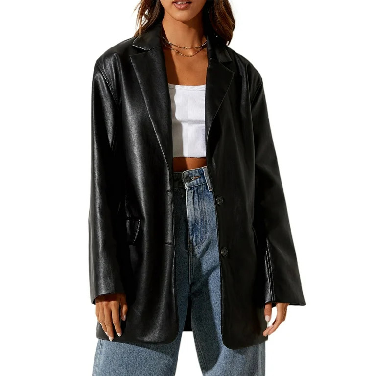 Aunavey Women Casual Faux Leather Blazer Long Sleeve Button Down PU Leather Jacket with Pocket | Walmart (US)