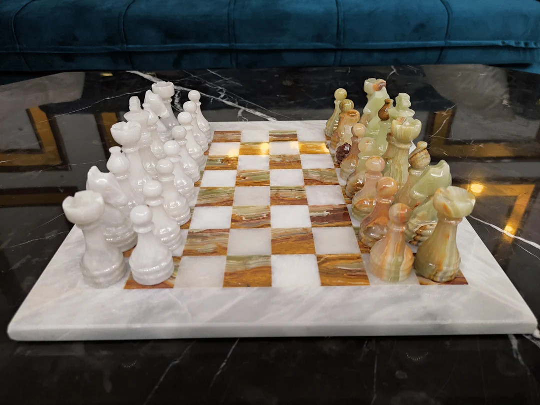 16 & 12 Inches Onyx Chess Set in Green and White Marble With Storage, Marble Chess Board and Marb... | Etsy (US)
