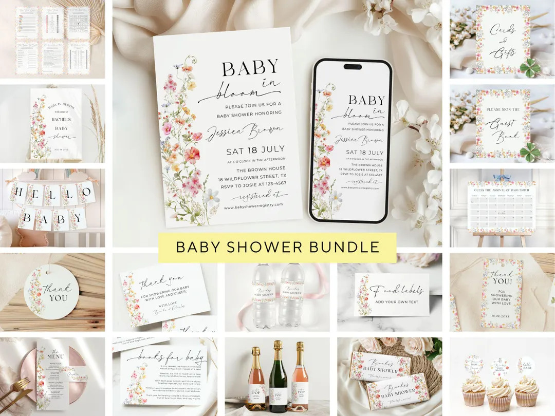 Wildflower Baby Shower Bundle, Baby in Bloom Party Set, Floral Baby Shower Printables, Editable B... | Etsy (US)
