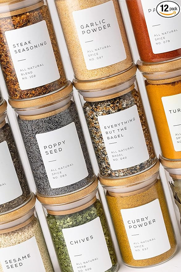Empty Spice Jars with Label Pack (12x Bamboo Lid Glass Jar). Small 6oz Spice Storage Bottles with... | Amazon (US)