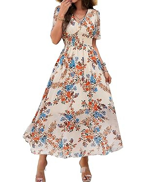 Women Floral Maxi Dress, V-Neck Short Sleeve Empire Waist Summer Dress, Boho Flowy Smocked Long D... | Amazon (US)