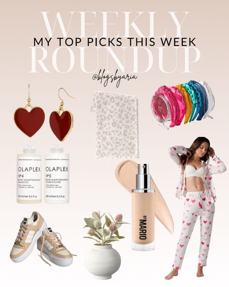 Weekly roundup- red head earrings, animal print cozy throw blanket, headband organizer, olaplex shampoo and conditioner set, makeup by Mario foundation, heart pajamas, neutral sneakers, floral plant #ltkhome #ltkunder50

#LTKbeauty #LTKstyletip #LTKFind