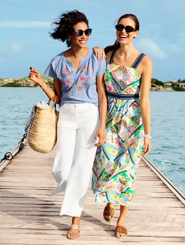 Modern Poplin Fit & Flare Dress - Summer Vista | Talbots