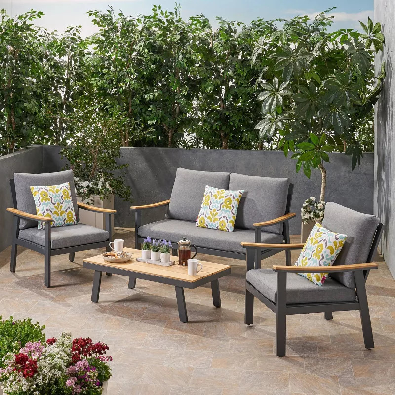 Sinclair 4pc Aluminum and Faux Wood Chat Set Gray - Christopher Knight Home | Target