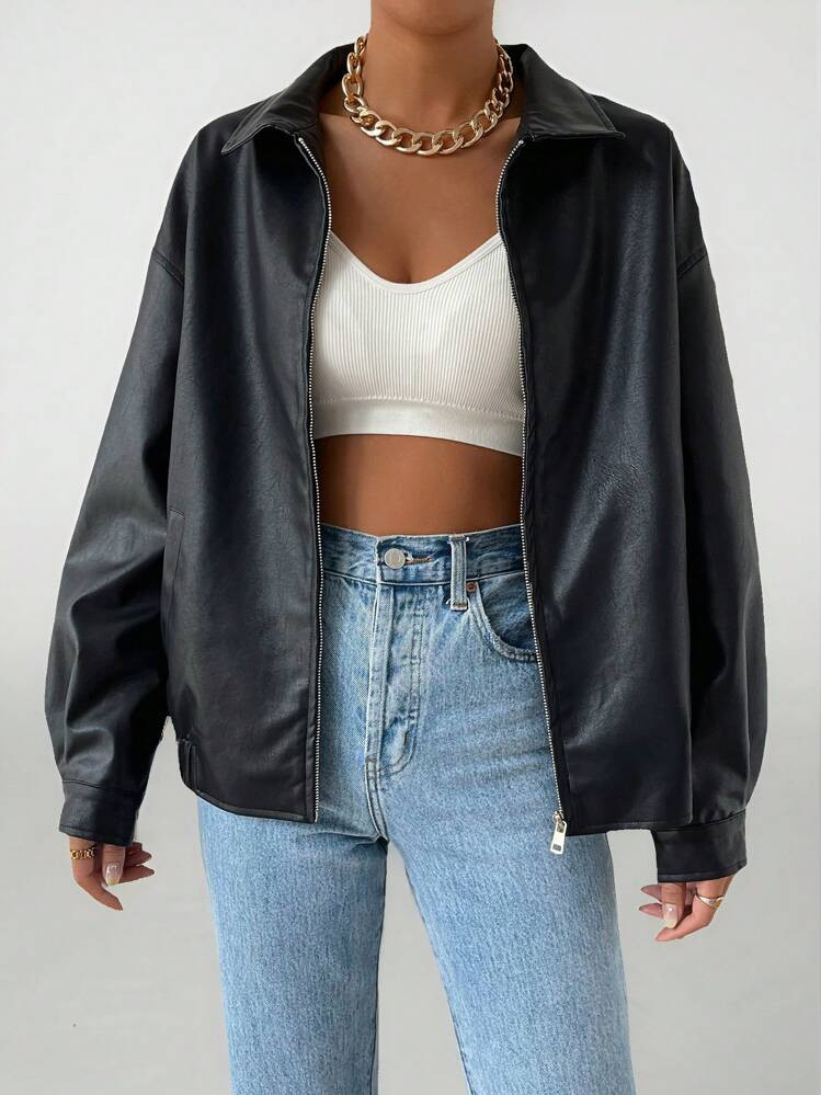 SHEIN Tall Drop Shoulder Zip Up PU Cropped Leather Jacket | SHEIN