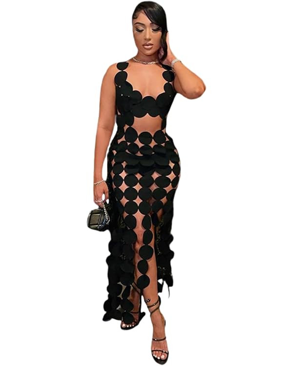 Women's Sexy Sleeveless Hollow Out Maxi Dress Tassel See Through Backless Bodycon Party Club Long... | Amazon (US)