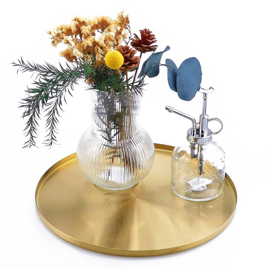 FREELOVE Gold Tray, Round Brass Serving Platter, Bar Circle Decorative Plate, Coffee Table Metal ... | Amazon (US)