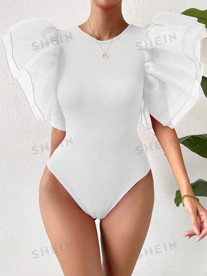 SHEIN Privé Exaggerated Ruffle Trim Bodysuit | SHEIN