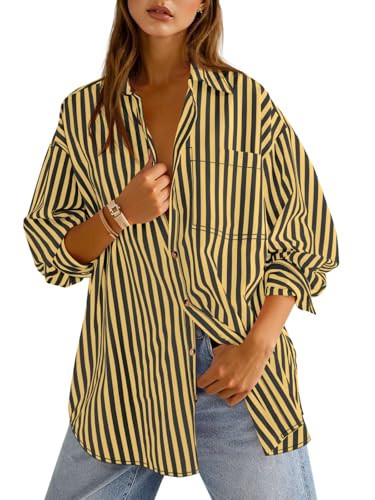 Cicy Bell Womens Oversized Striped Button Down Shirts Boyfriend Long Sleeve Collared Work Blouses Yellow Black | Amazon (US)